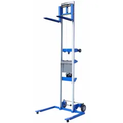 Straddle stacker with 500 lb capacity, fixed invertible cable lift mechanism, and forks 22 1/2 in long by 4 1/8 in wide. Width across forks is 20.5 in. Used for lifting and moving palletized loads in warehouses and distribution centers.