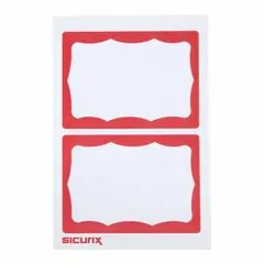 Paper adhesive ID badge in red, supplied in a 600-pack. Each badge measures 2 1/2 inches in height by 3 1/2 inches in width. Suitable for facility identification, labeling, and color-coding applications.