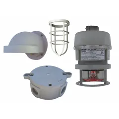 LED strobe light for visual signaling in Class III hazardous locations. Operates on 12 to 80 V DC with a red lens. Wall-mount design with overall height of 8 in and length of 7 1/4 in. Suitable for environments with combustible fibers or flyings.