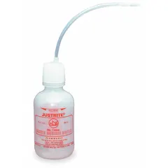 This 27 mL wash bottle features a narrow mouth with a standard spout for controlled dispensing. The white body and colorless closure are paired with a Flammables imprint for content identification. Nonvented design is suitable for laboratory and industrial use where precise application of small volumes is required.