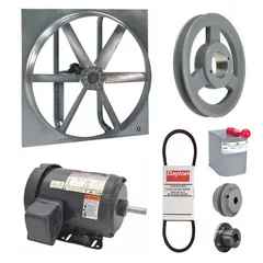 This belt-drive reversible panel fan is designed for high-volume air movement in industrial ventilation systems. It features a 36-inch blade and a 1 1/2 hp totally enclosed fan-cooled motor, operating on 208-230/460V AC three-phase power. The reversible design allows for both supply and exhaust applications.