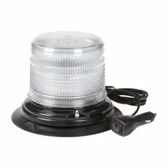 White LED vehicle beacon with round shape and screw mount. Overall height 5 3/4 in, width 8 1/16 in. Operates on 12 to 24V DC with 12 selectable flash patterns. SAE Class 1 rated for high-visibility warning on trucks, construction equipment, and emergency vehicles.