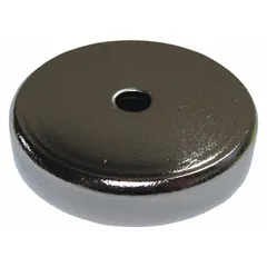 This cup-style ceramic magnet is encased in a 0.28 in thick housing with a 1 13/32 in outside diameter, delivering a maximum pull force of 14 lbf. It is suited for industrial holding and fixturing tasks such as securing parts, mounting fixtures, or positioning workpieces.