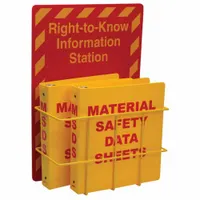 Red wall-mount information center with wire rack and sign. Overall dimensions: 20 in height, 14 in width, 6 1/2 in depth. Designed to display safety procedures, emergency instructions, or other workplace information. Mounting hardware not included