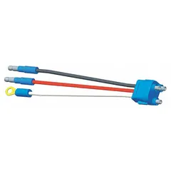 Three-wire pigtail with factory-molded plugs, featuring a Slim-Line 0.18 in male bullet/ring terminal and a straight male PL-3 connector. Wires are 14 AWG. Designed for use with female pin lamps in automotive lighting systems.