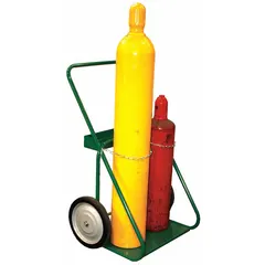 Side-by-side hand truck designed for transporting two welding gas cylinders. Features a 24 in wide by 13 in deep nose plate and a green finish with a chain. Suitable for moving cylinders in industrial and fabrication settings.