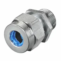 Straight metallic cable grip with steel body and 3/8 in MNPT box connection. Accommodates cord diameters from 0.38 in to 0.44 in. Features blue color-coded grommet. Rated IP66 and Class III, Division 1 & 2 for hazardous locations. Used to secure and seal electrical cords entering junction boxes or enclosures in industrial environments