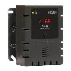 Wall-mounted fixed gas detector for continuous monitoring of nitrogen dioxide (NO2) from 0 to 20 ppm. Features a digital display and operates on low voltage (12 to 24V AC or 12 to 32V DC). Designed for use with a Macurco control panel in commercial and industrial settings such as parking garages, loading docks, or combustion areas.