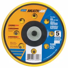 This backing pad has a 5-inch diameter and 1/2-inch thickness, with a 5/16"-24 threaded shank for tool connection. The multi-hole design supports dust extraction when used with compatible vacuum systems. It is intended for sanding and finishing applications with hook-and-loop abrasive discs.