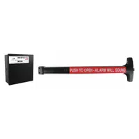 This DETEX exit device is a rim-type push bar constructed from aluminum. It features a touchbar style and push outside trim, designed for doors up to 36 inches wide. The device is ADA compliant, making it suitable for commercial egress applications where safe and easy operation is required