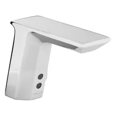 Brass construction with chrome finish. Single-post, battery-powered sensor faucet with aerated flow. Includes mounting hardware. Suitable for commercial and high-traffic bathroom environments requiring touch-free operation.