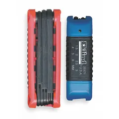 This folding hex key set contains 2 pieces with both metric and SAE sizes, featuring standard and short ends. The keys have a black oxide finish and are not tether capable. Suitable for tightening or loosening hex socket screws and bolts in mechanical assembly, maintenance, and repair tasks.