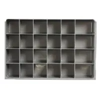 Gray insert for large compartmented boxes, providing 24 fixed compartments each measuring 3-25/32 in x 2-27/32 in. Designed to organize small parts such as hardware, fasteners, or workshop supplies. Fits DURHAM MFG model 123-95