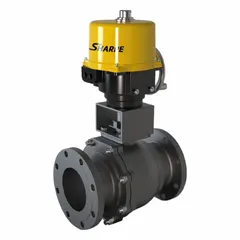 This electrically actuated two-way ball valve from SHARPE features a carbon steel body with flange x flange connections and operates on 120V power. It includes an ISO 5211 actuator mounting pad and thermal overload protection for automated on/off flow control in industrial piping systems handling liquids or gases.