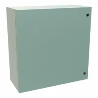 Steel enclosure rated NEMA 12/3R/4 for indoor or outdoor use. Measures 30 x 30 x 12 inches with a solid hinged cover secured by a 1/4-turn latch. No knockouts included. Suitable for protecting electrical controls in environments requiring protection from dust, rain, sleet, and hose-directed water