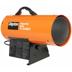 This direct-fired portable gas torpedo heater provides temporary or supplemental heating for construction sites, warehouses, workshops, and outdoor job sites. It features a flame-out sensor for safety and measures 13-1/2 in high by 19-5/16 in wide by 8-1/8 in deep.