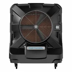 This portable evaporative cooler operates on 120V AC with a 5-15P plug and measures 77 in x 63 in x 33 in. It is suited for cooling large spaces such as warehouses, factories, and outdoor work areas where traditional air conditioning is not feasible.
