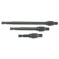 This adapter set converts a 1/4" male hex drive to a square drive for use with impact sockets. The black oxide finish provides corrosion resistance. A locking feature ensures secure bit retention during use. Suitable for general fastening tasks in automotive and industrial settings.