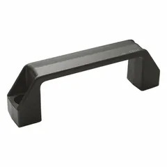 Black plastic bridge handle with unthreaded mounting holes. Features a 122 mm center-to-center spacing and 7 mm hole diameter, accepting 6.5 mm screws. Suitable for use on industrial machinery, enclosures, and equipment doors requiring a load-rated grip.