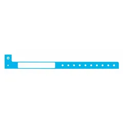 Blue plastic security wristband with no pre-printed legend, allowing custom marking for identification. Overall length 10 inches, width 1 1/4 inches. Supplied in a pack of 500. Suitable for event access control, hospital patient ID, and general security applications.