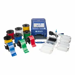 Portable label printer with 300 dpi printhead resolution and continuous-roll printing. Includes battery, AC adapter kit, Brady Workstation Design and Print Pro - VWS software, and a 4 in x 100 ft roll of yellow all-weather vinyl tape (B30C-4000-595-YL). Suitable for pipe marking, cable identification, and facility safety labeling.