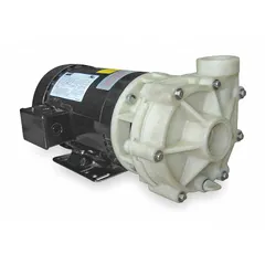 This centrifugal pump features a polypropylene housing and impeller for chemical resistance. It is powered by a 2 hp, three-phase, 230/460V AC motor with a Totally Enclosed Fan Cooled enclosure. NPT connections are provided. Typical applications include transferring corrosive fluids in industrial processing, water treatment, and chemical handling.