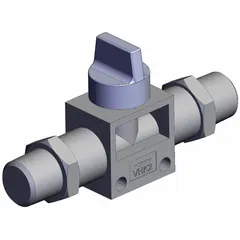 Manual air control valve with knob actuator, 2 ports, 1/4 in side-ported body, and gray actuator. Used to start, stop, or redirect compressed air flow in pneumatic systems. Suitable for panel-mounted or handheld control in industrial automation and assembly lines.