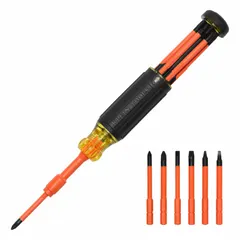 Insulated multi-bit screwdriver with six tips including Phillips #1 and #2, slotted, and square tip configurations. Overall length of 9 inches. Features a locking mechanism to secure bits and a cushion grip for user comfort. Suitable for electrical work where protection against shock is needed, commonly used in industrial maintenance, panel building, and utility applications.