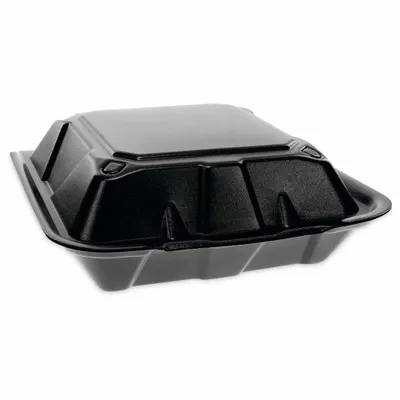 PACTIV Disposable Carry-Out Food Container: Black, Hinged Lid Container Container - Hinged-Lid Foam Containers