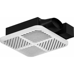 Ceiling-mount bathroom exhaust fan with integrated LED module for primary lighting. Variable-speed operation with round duct connection. Includes backdraft damper and mounting bracket. Suitable for removing moisture and odors in residential or light commercial bathrooms.