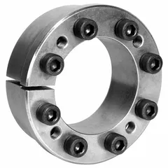 This flanged keyless bushing uses a multi-screw locking assembly to mount components such as pulleys or sprockets onto a shaft without a keyway. It is designed for a 1 15/16 in shaft diameter, with a 3 9/64 in outer diameter and 1.673 in width. The inch-system component provides a secure, zero-backlash connection for power transmission and machinery alignment applications.