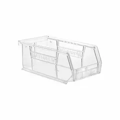 Clear plastic bin with integrated label holder for organizing small parts, components, and hardware in industrial storage systems, workshops, and warehouses. Measures 4 1/8 x 7 3/8 x 3 inches, rated for temperatures up to 250°F. Contains 0% recycled content.