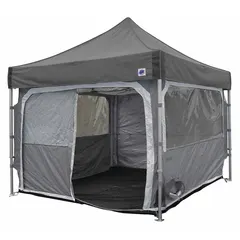 This pop-up temporary shelter is constructed of polyester and includes air filters and a storage bag. It measures 10 ft wide by 10 ft long with an overall height of 11 1/8 ft. Designed for rapid deployment, it is suitable for use as a medical triage or emergency response shelter in outdoor or disaster-relief settings.