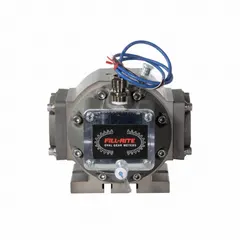 Positive displacement flowmeter for fuel transfer pumps, with an accuracy of +/-0.5%. Housing is anodized aluminum. Measures in gallons; no display. Suitable for diesel, gasoline, and similar fluids in industrial and commercial fueling applications.