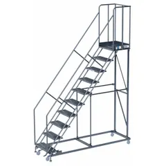 This assembled steel manual-lock ladder features a perforated design and includes handrails. With a gray finish and dimensions of 32 in x 71 in, it provides stable elevated access for maintenance, warehousing, and assembly-line tasks.