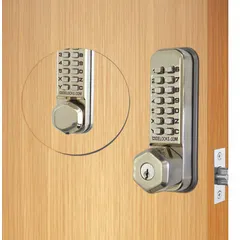 This mechanical push button lockset provides keyless entry for interior or exterior doors in commercial and industrial settings. Constructed with a stainless steel finish, it features a Standard SC1 keyway for key override. No batteries or wiring are required, making it suitable for securing offices, storage rooms, and restricted areas.