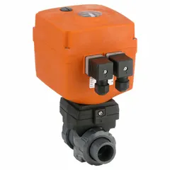 PVC electrically-actuated two-way ball valve with straight body, 3/4 in size. Operates on 100 to 230V AC and includes a manual override. Suitable for automated on/off flow control in industrial piping systems.