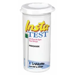 Single-parameter test strips for measuring peroxide concentration in water or other liquids. Each strip provides a visual color comparison for 0 to 90 ppm peroxide. Pack contains 25 strips, each 3 inches long. Suitable for on-site monitoring in water treatment and sanitation verification.