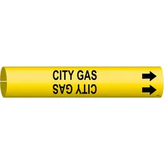 This snap-on pipe marker identifies city gas lines in industrial piping systems. It fits pipe outer diameters from 1-1/2 to 2-3/8 inches and features a yellow background with black legend text reading 'City Gas' and directional arrows. Supplied as a single marker.