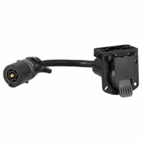 This CURT 7-way blade adapter provides a standard connection interface for towing and trailer electrical systems. Constructed of plastic, it measures 11 inches overall length and 3 1/4 inches in height. Commonly used to connect trailers, campers, or utility vehicles to a towing vehicle's wiring harness