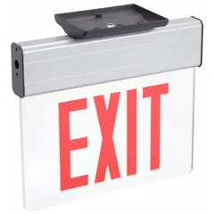 Red LED edge-lit exit sign with silver aluminum housing. Universal field-selectable chevrons indicate exit direction. Surface-mount design for emergency egress marking in commercial and industrial facilities. No self diagnostics.