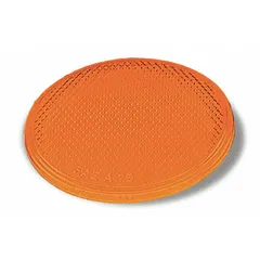 Round amber stick-on reflector with 3-inch diameter, made of acrylic. Complies with FMVSS standards. Used for vehicle conspicuity and safety marking on trailers, trucks, and other commercial vehicles requiring side or rear amber reflectors.