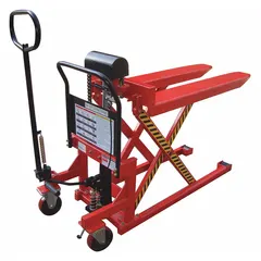 This manual high-lift pallet jack features a steel narrow fork design with a D-shaped handle and foot pump lift control. Forks measure 44 inches long by 21 inches wide. Used for lifting and moving palletized loads in warehouses, factories, and distribution centers.