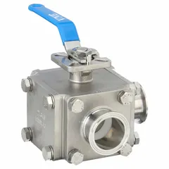 This VNE three-way ball valve features a 316 stainless steel body with L-flow configuration, side inlet entry, and a locking lever handle. Rated for 1,000 psi CWP, it has an average surface roughness (Ra) of 20 micron. Suitable for sanitary applications requiring flow diversion or mixing.