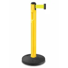 This retractable belt post barrier has a fluorescent yellow belt with no legend or pattern, a yellow plastic post, and a rubber base. The 12 ft belt extends and retracts to cordon off areas, guide pedestrian traffic, or mark restricted zones in industrial facilities, warehouses, and public spaces.