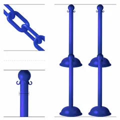 Solid-Color Plastic Chain Barrier System, Blue, 4 Posts, 30 ft Chain