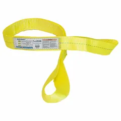 This 2-ply polyester twisted-eye web sling has an 18 ft length and a 6,400 lb vertical hitch capacity. It features a wear-resistant tag for identification. Suitable for lifting and rigging heavy loads in industrial settings such as construction, manufacturing, and warehousing.