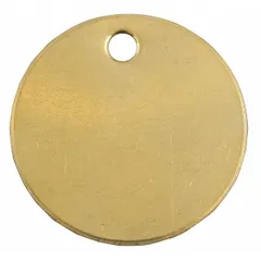 Round brass valve tags measuring 1-1/4 in diameter and 0.04 in thick, supplied in packs of 25. The blank surface allows for custom stamping or engraving of identification text. Suitable for labeling valves in piping systems to facilitate maintenance and operation.
