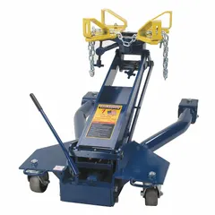 This hydraulic transmission jack from HEIN-WERNER has a 1 ton load capacity and is operated by a manual handle. The steel frame and chain securing mechanism provide support for lifting and positioning heavy transmissions during vehicle service and repair.
