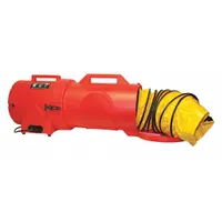 Portable axial blower and ducting combination unit for ventilating confined spaces. Operates on 115 V AC with a 1 hp motor. Includes an extension canister with 25 ft of 12 in diameter duct. Orange finish